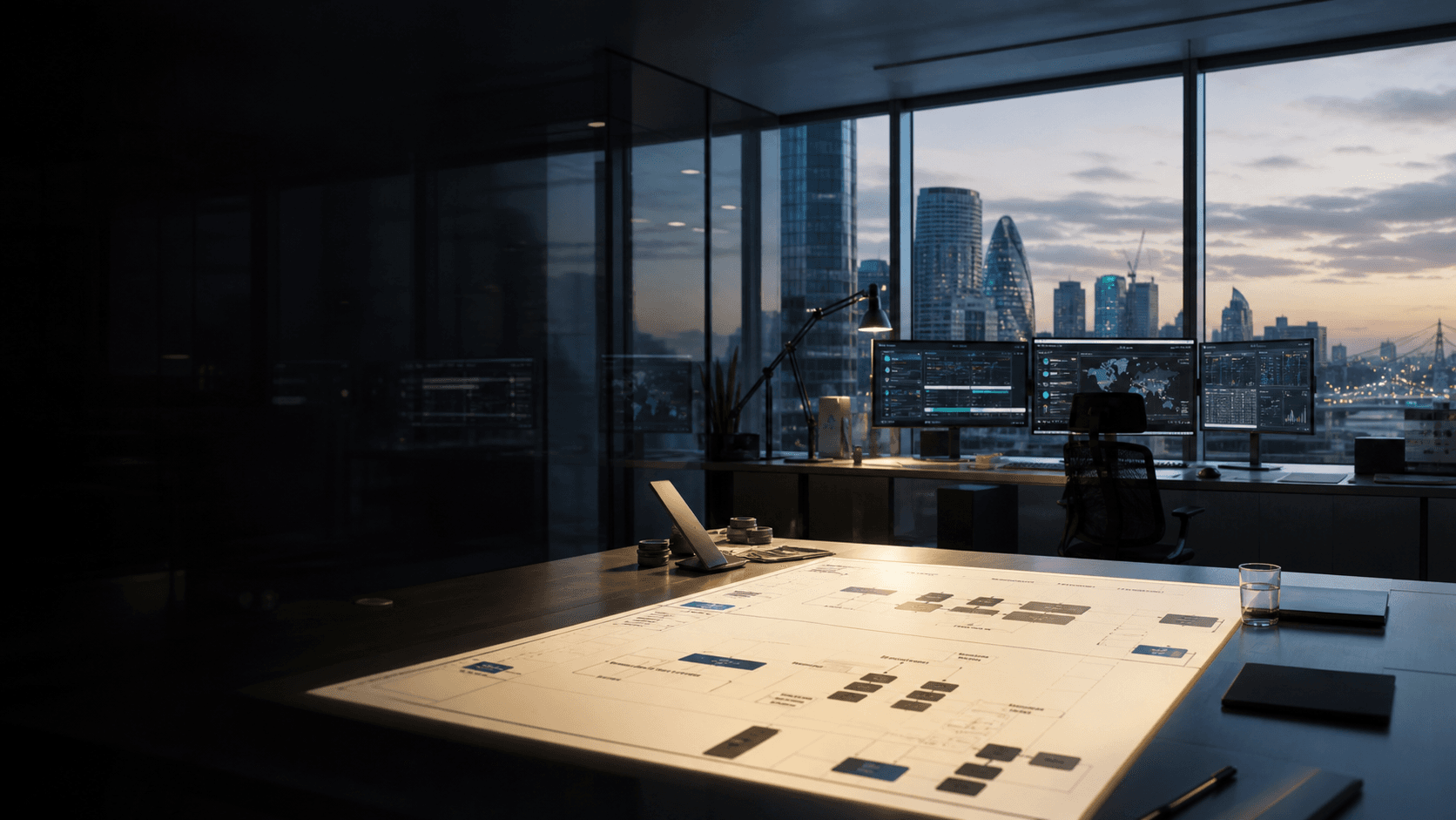 Illustrated digital workspace overlooking the London skyline