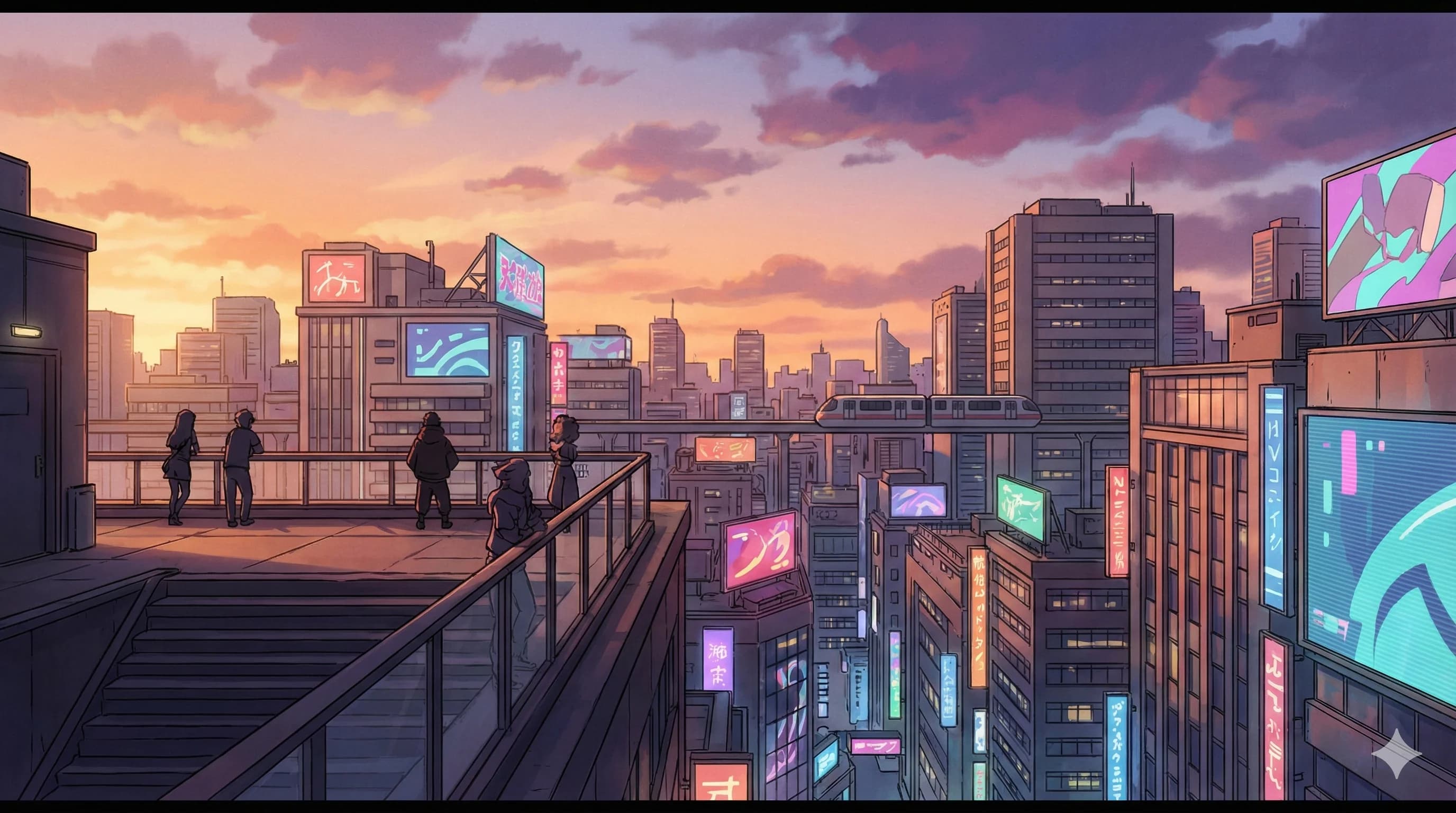 Vibrant anime-style cityscape at sunset, with glowing signs and stylized characters.