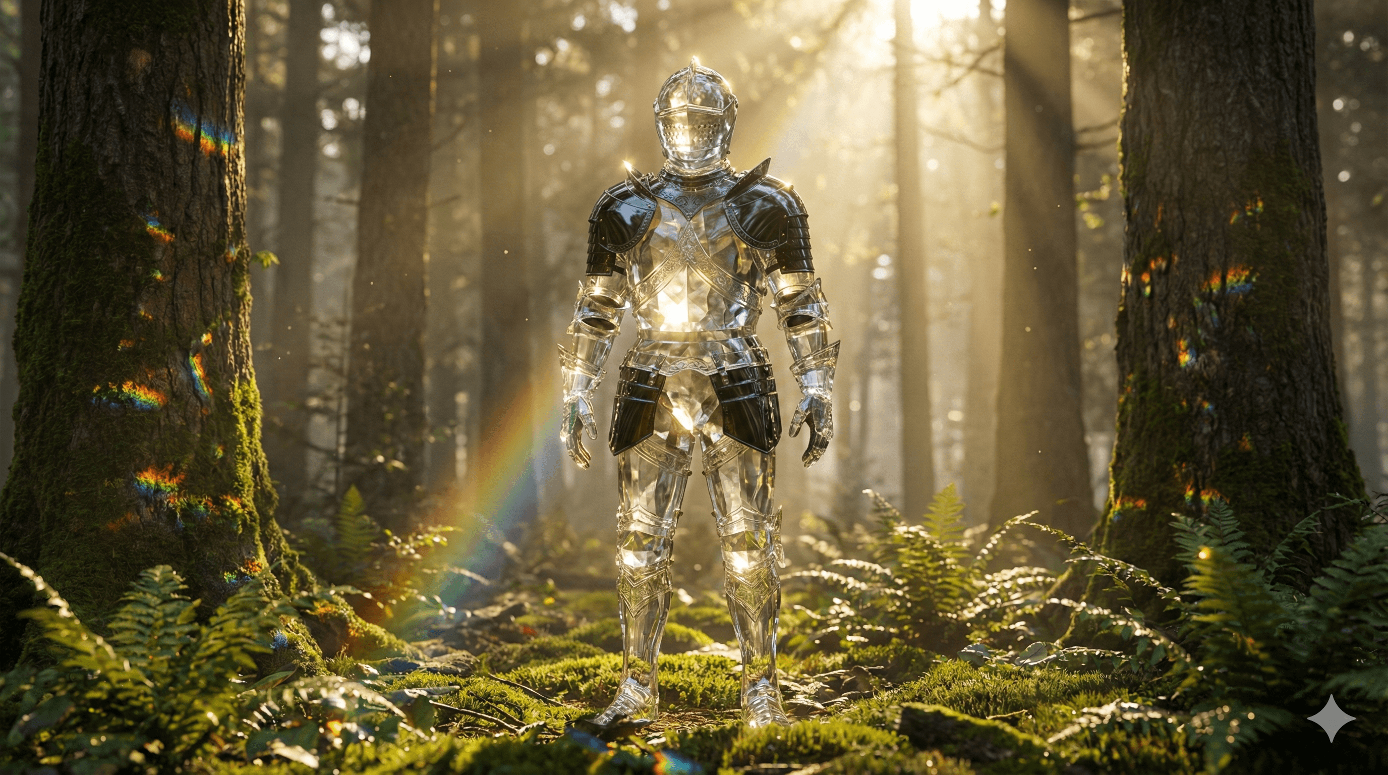 Fantasy knight made of crystal and obsidian in a glowing forest, demonstrating complex lighting and reflections.