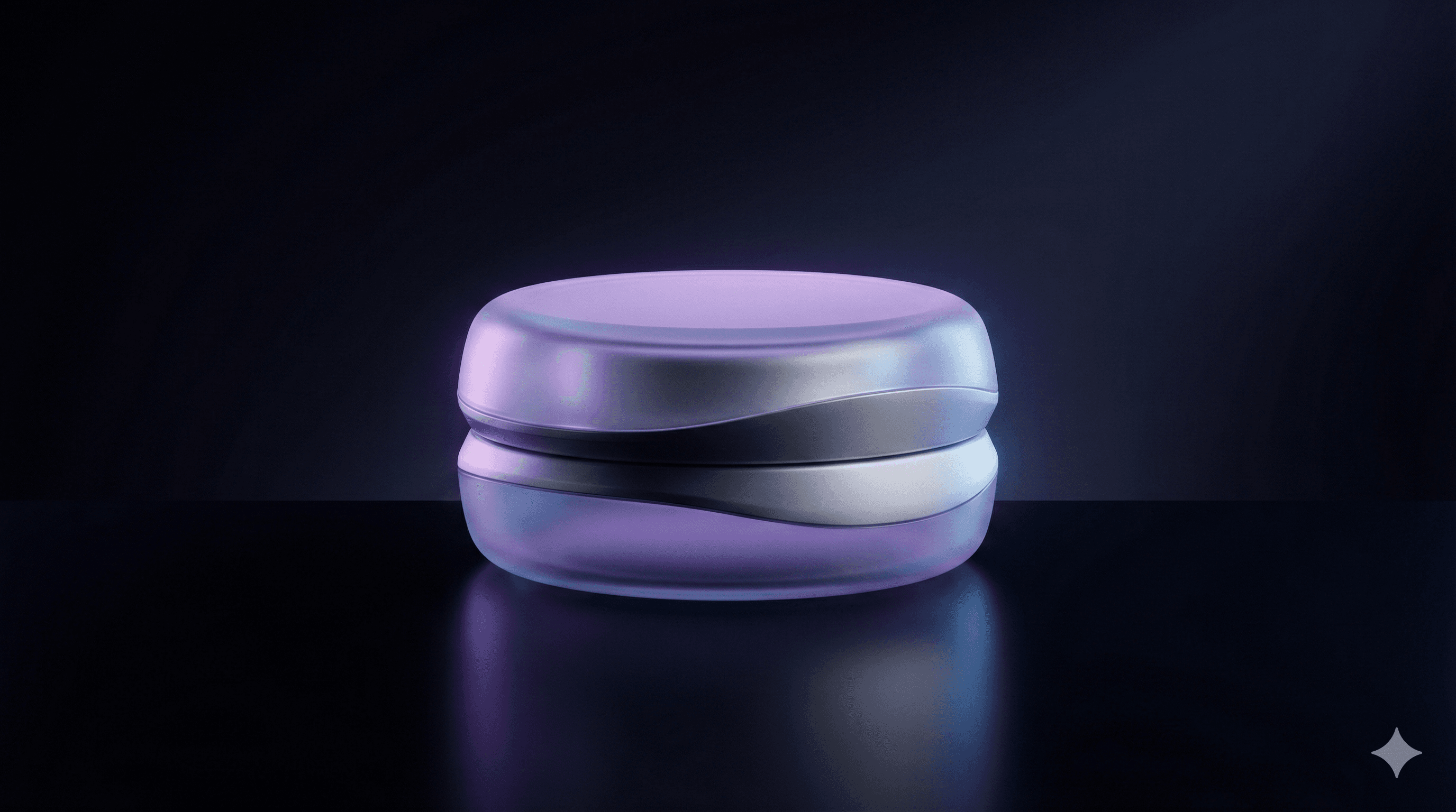 3D product render of a futuristic device on a reflective surface with studio lighting.